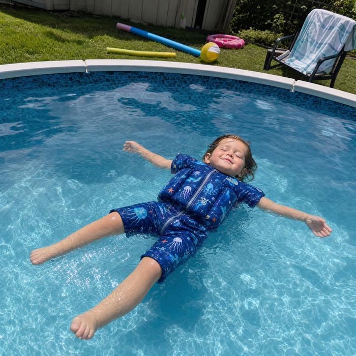 Toddler floating in an above-ground pool in an Otterly suit