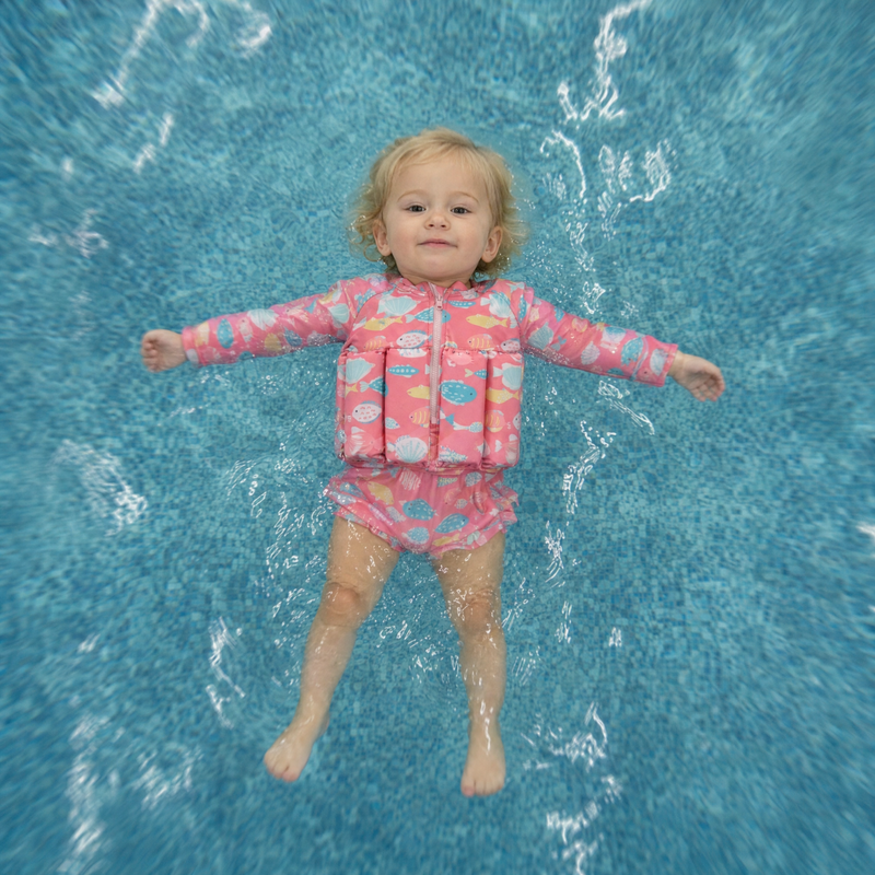 Toddler floating in an Otterly suit
