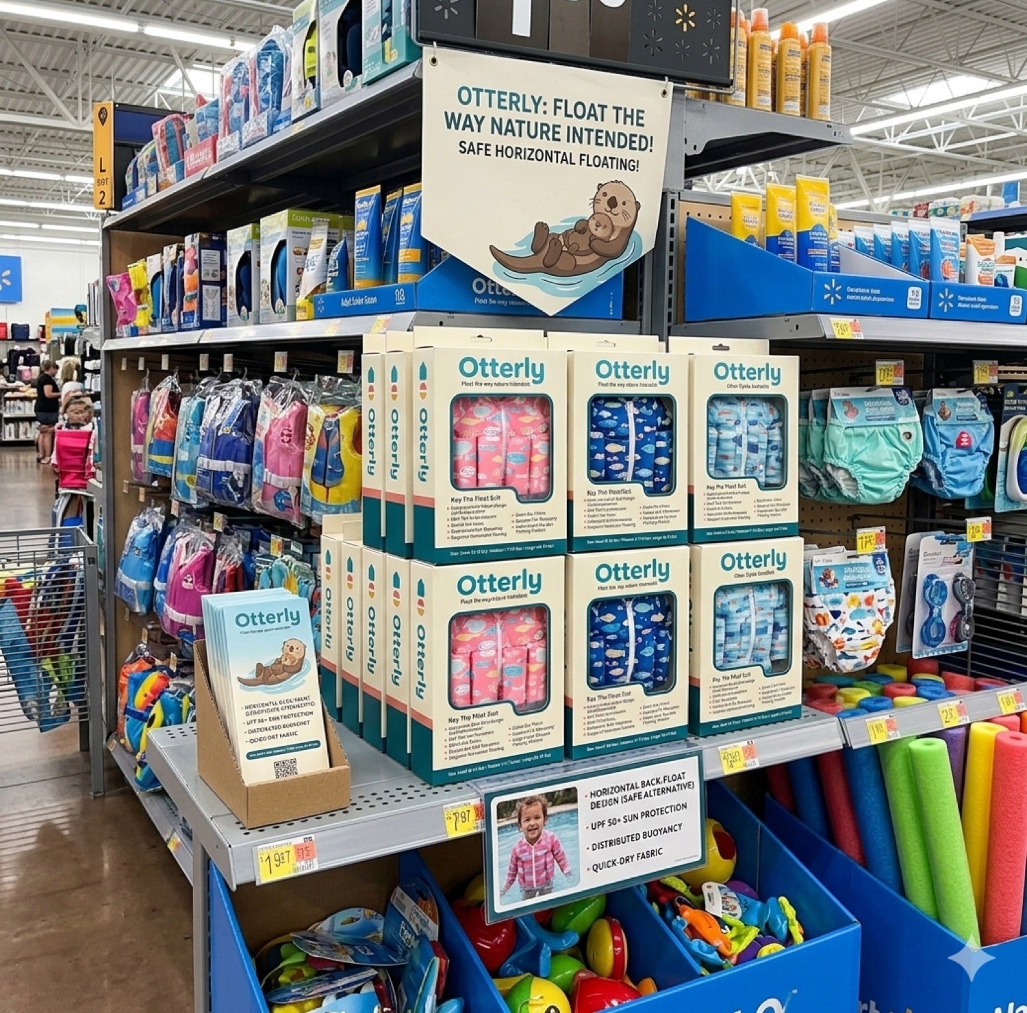 Otterly float suits lined up on the shelf
